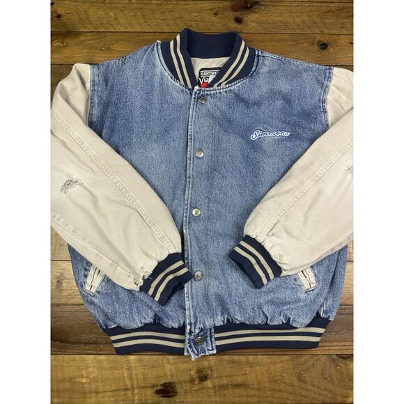 VINTAGE Hartwell ViaSport Jacket Mens L Blue Denim Varsity Bomber Coat 90s - Picture 1 of 11